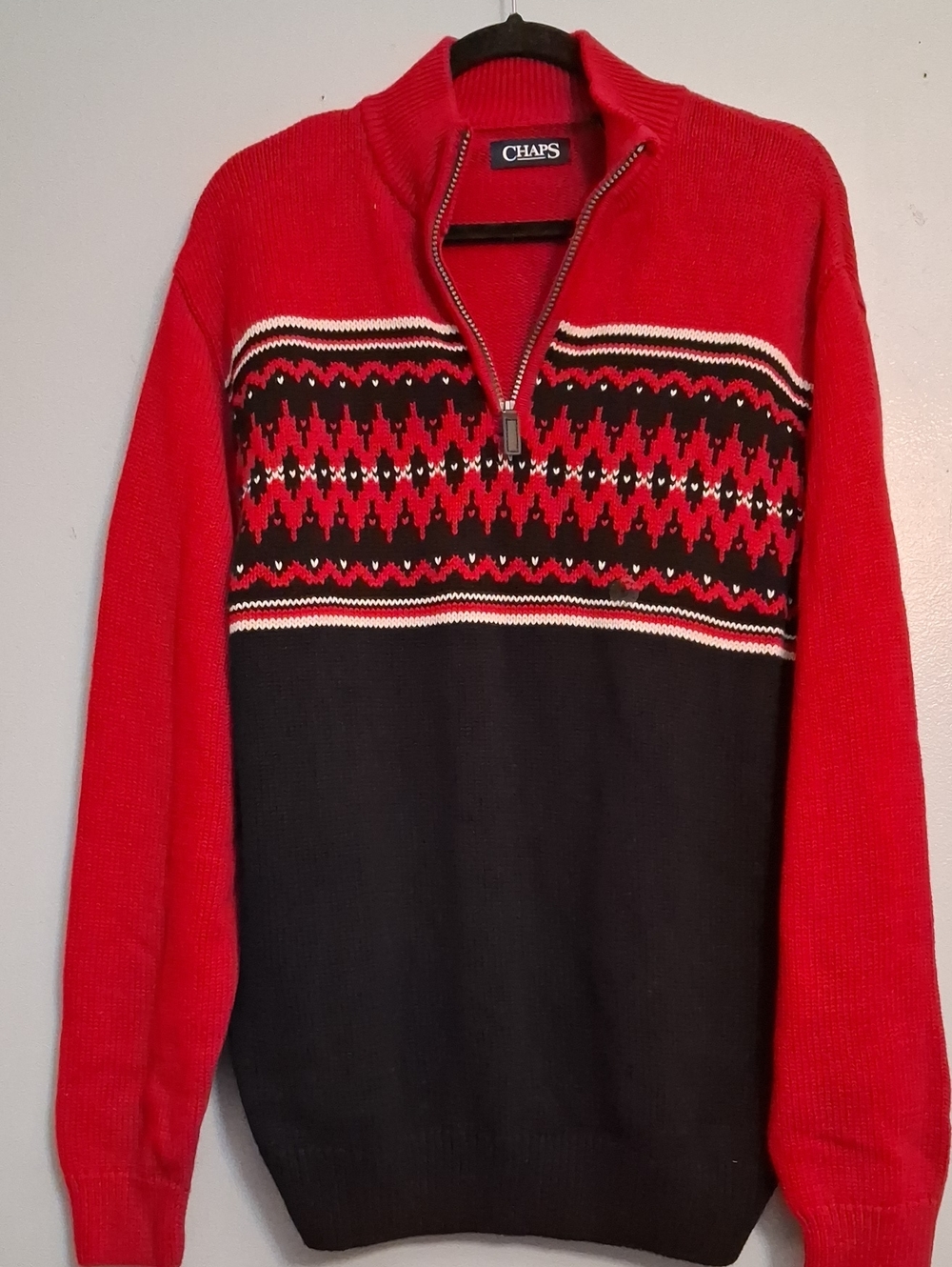 Chaps Size Large Men’s 100% Cotton Red,Black Half-Zip Sweater Patterned Yoke